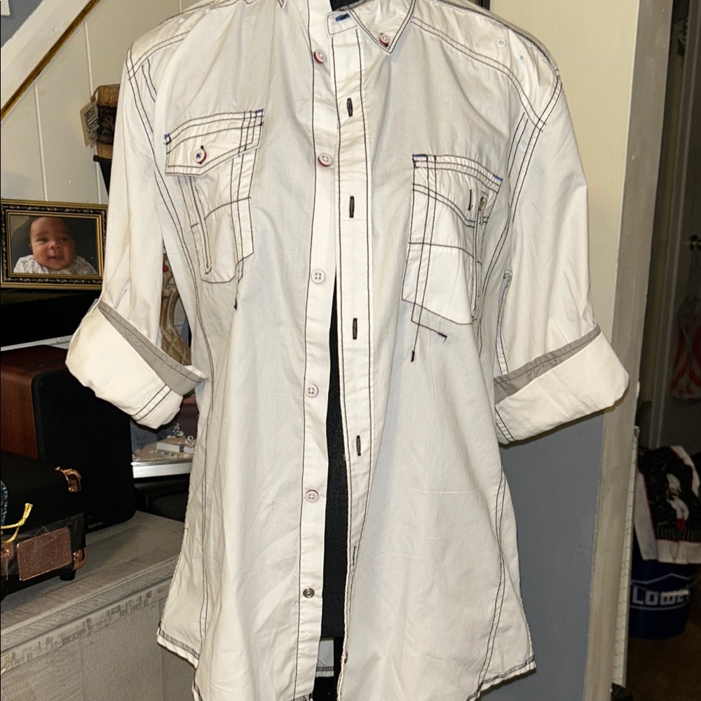 H📢 REZ Apparel Co. NYC Big Boy White Casual Button Down Shirt Small.